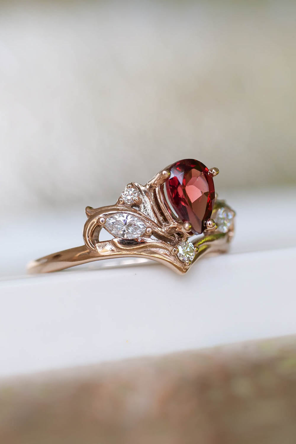 Diamond and garnet engagement ring, elvish proposal ring / Swanlake - Eden Garden Jewelry™