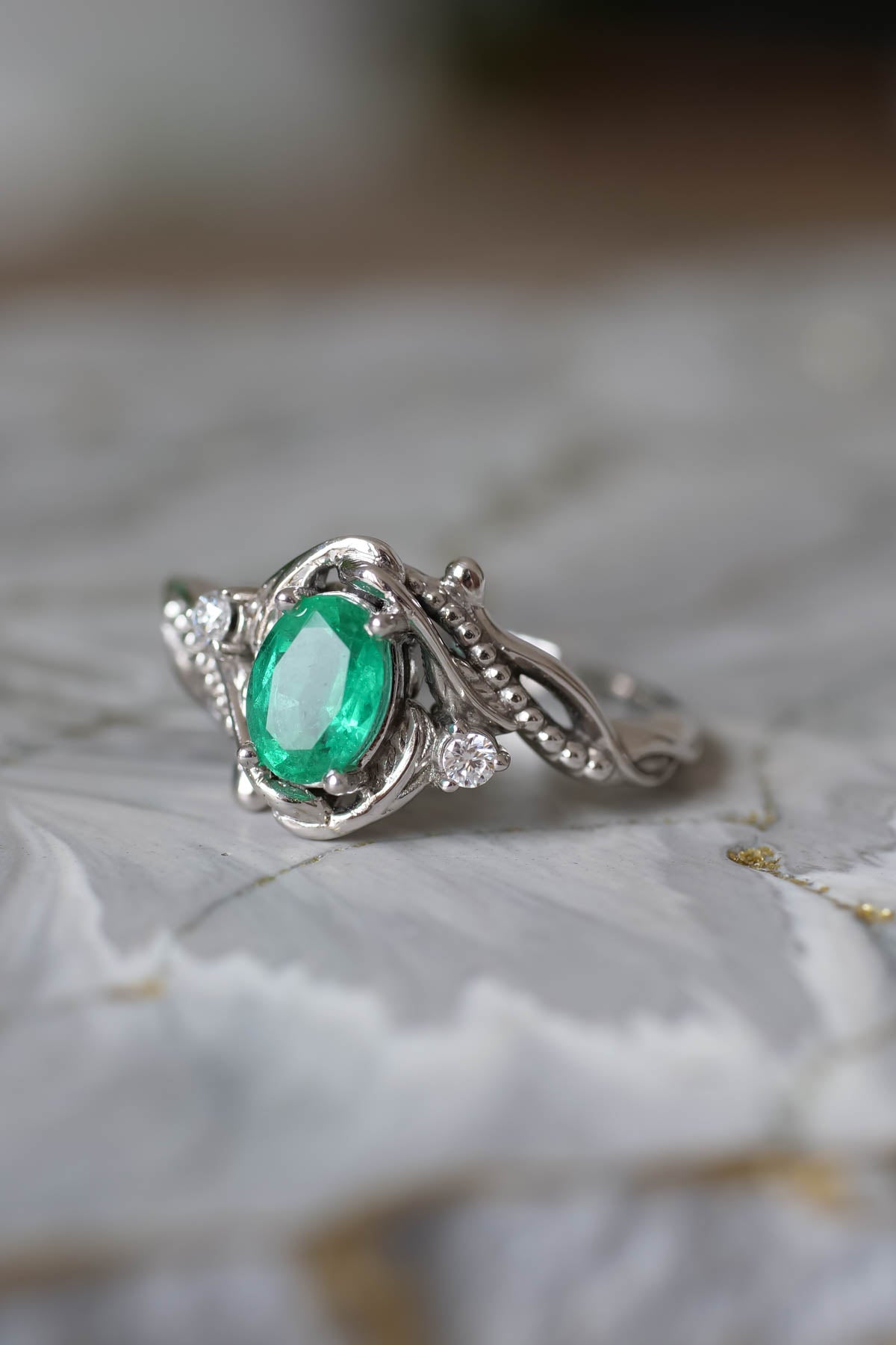 Botanical engagement ring with emerald / Undina - Eden Garden Jewelry™