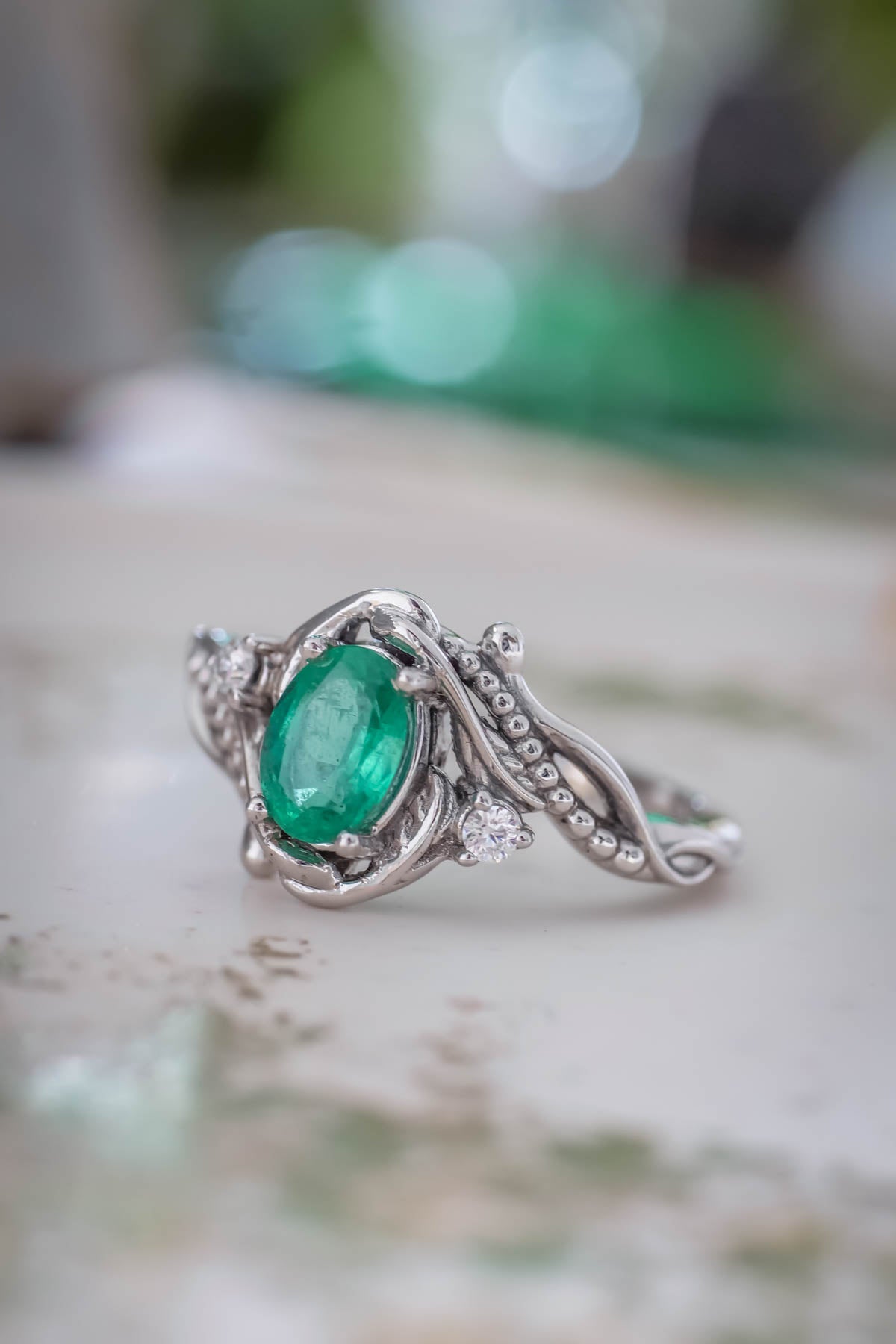 Botanical engagement ring with emerald / Undina - Eden Garden Jewelry™