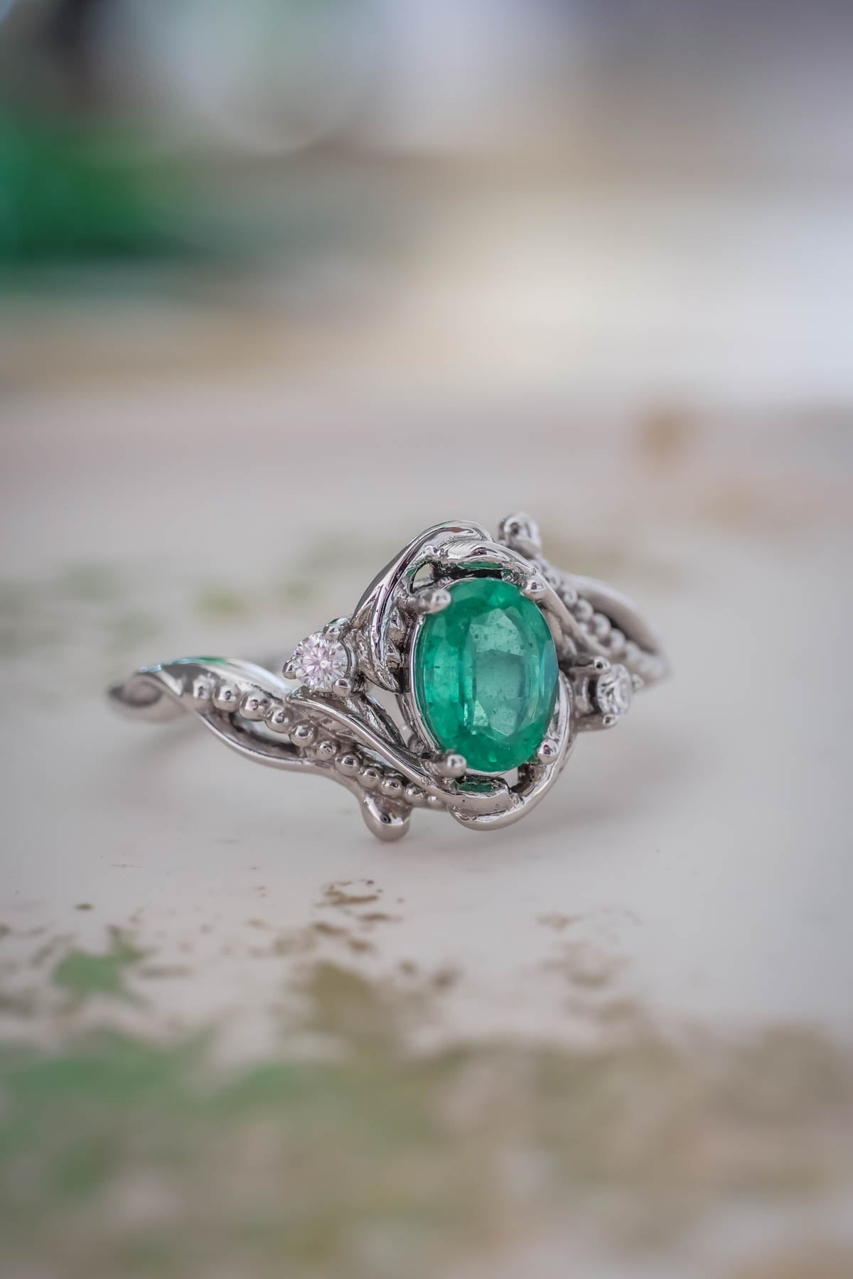 Botanical engagement ring with emerald / Undina - Eden Garden Jewelry™