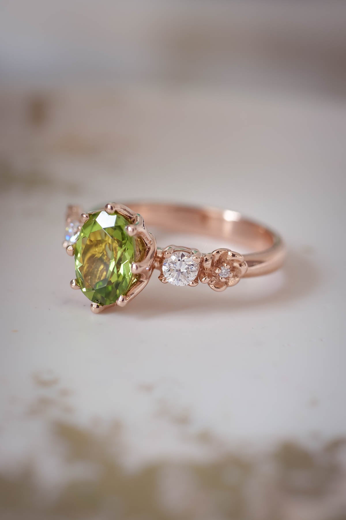 Peridot engagement ring, flower promise ring with diamonds / Fiorella - Eden Garden Jewelry™