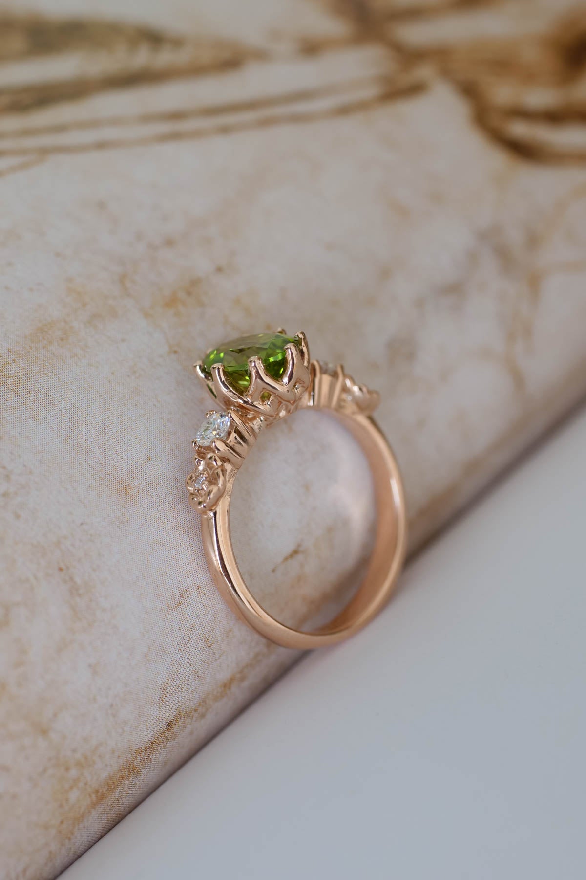 Peridot engagement ring, flower promise ring with diamonds / Fiorella - Eden Garden Jewelry™