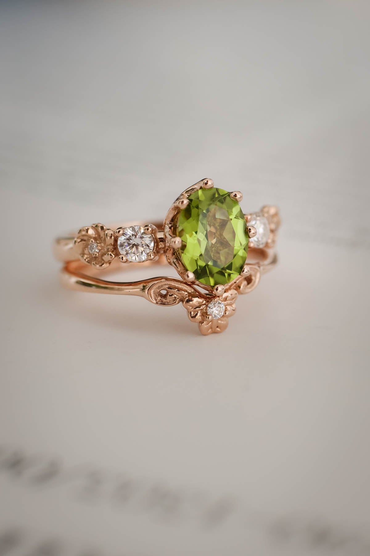 Peridot engagement ring, flower promise ring with diamonds / Fiorella - Eden Garden Jewelry™