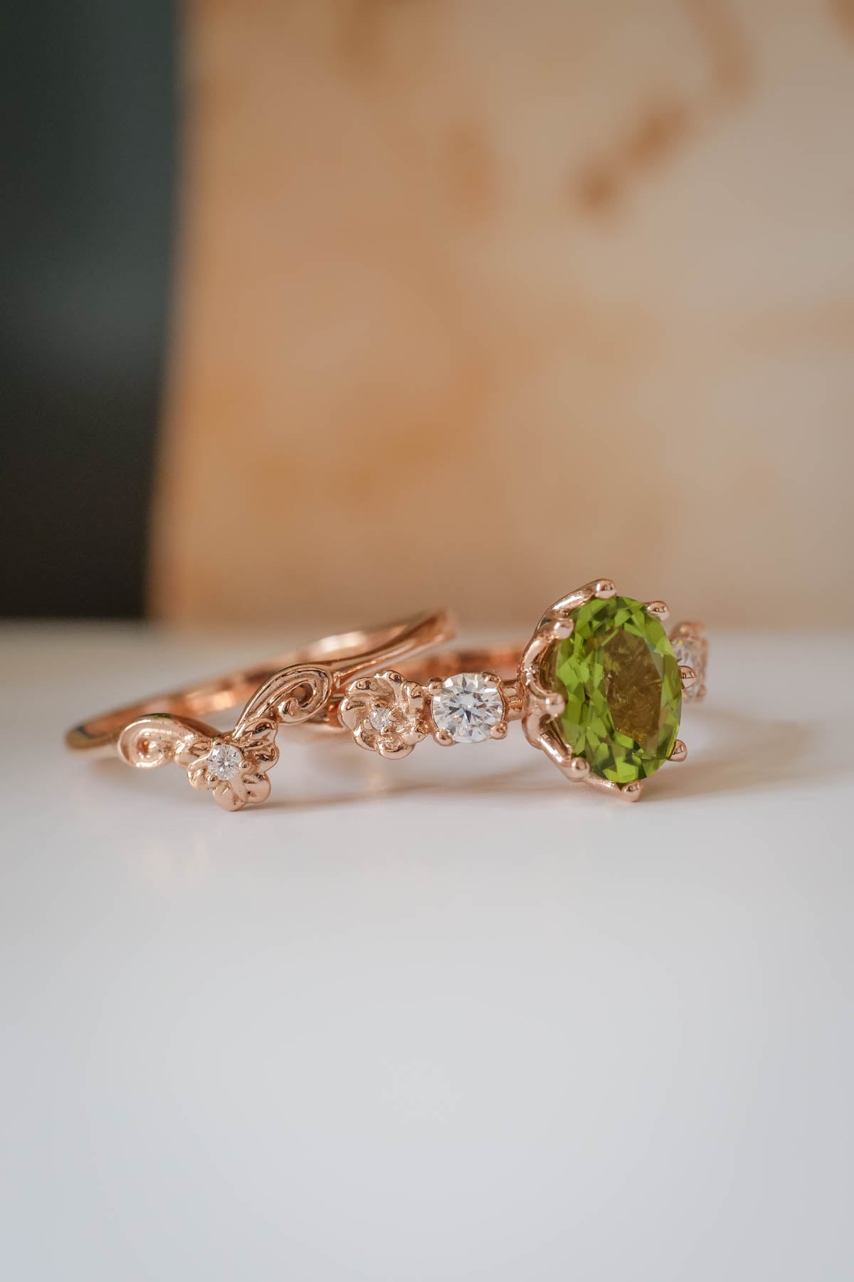 Peridot engagement ring, flower promise ring with diamonds / Fiorella - Eden Garden Jewelry™