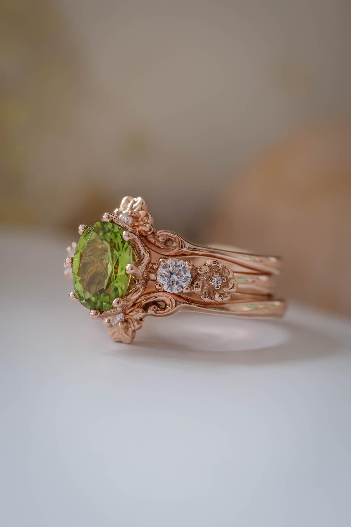 Trio engagement ring set with peridot, elvish flower rings / Fiorella - Eden Garden Jewelry™