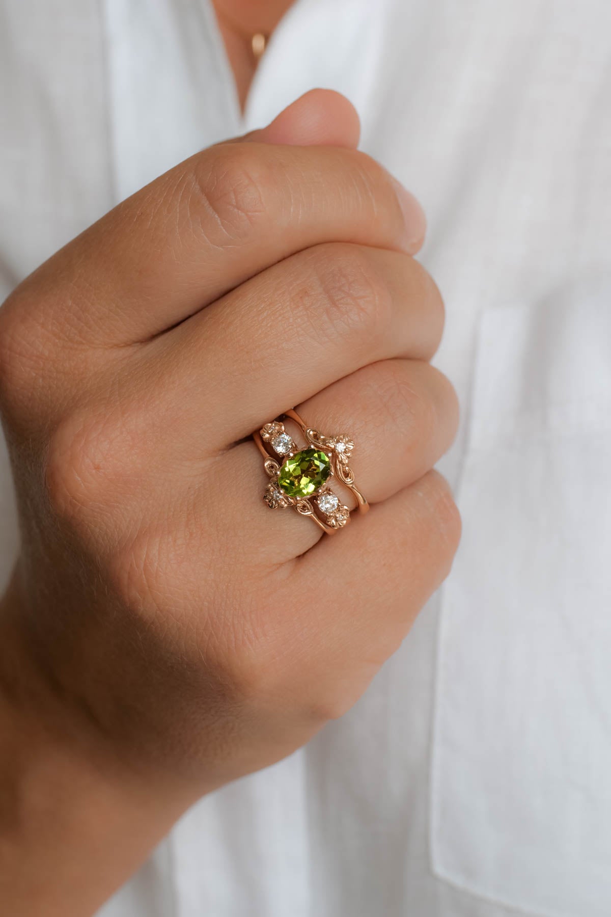 Peridot engagement ring, flower promise ring with diamonds / Fiorella - Eden Garden Jewelry™