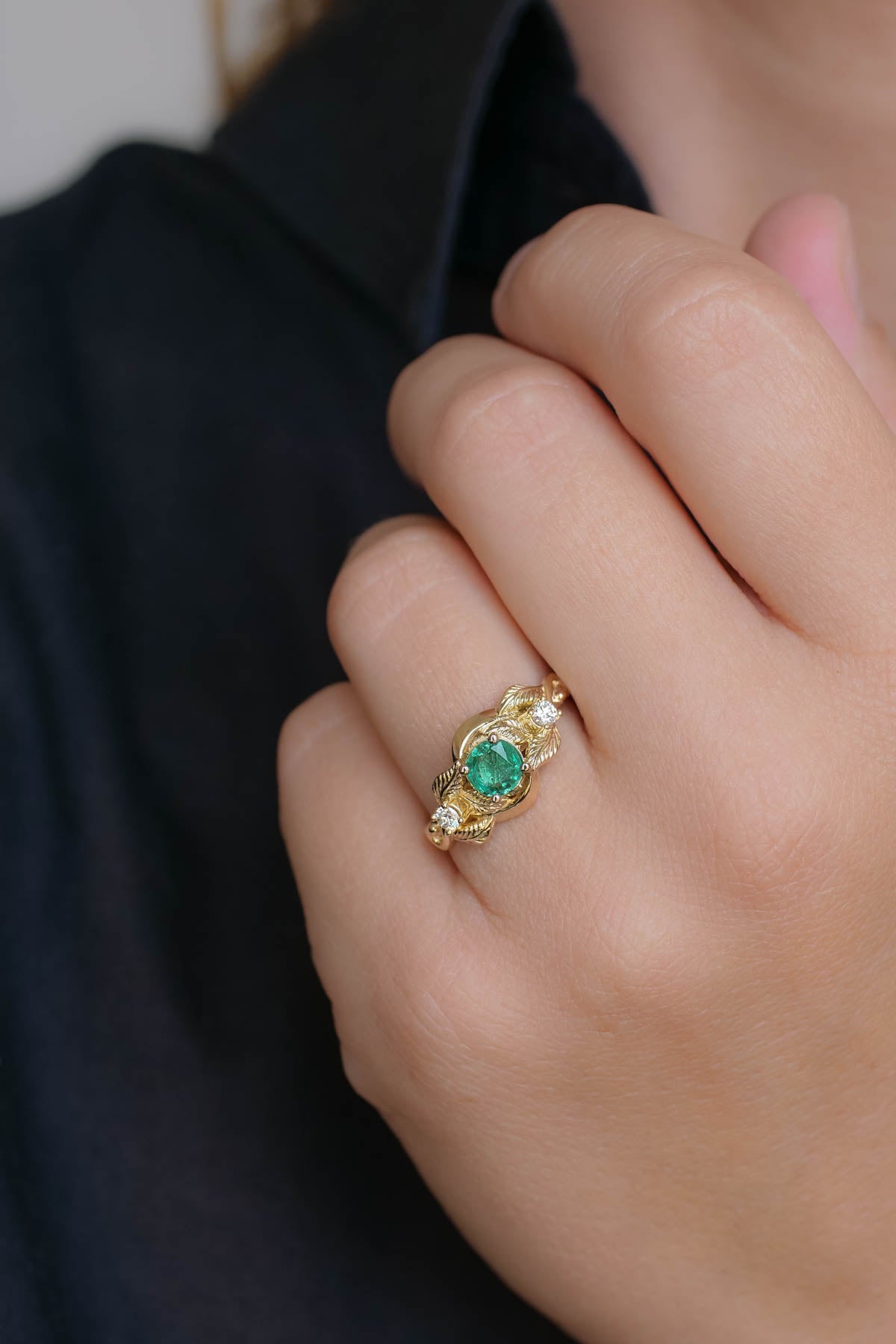 Emerald proposal ring, leaf twig ring with diamonds / Azalea - Eden Garden Jewelry™