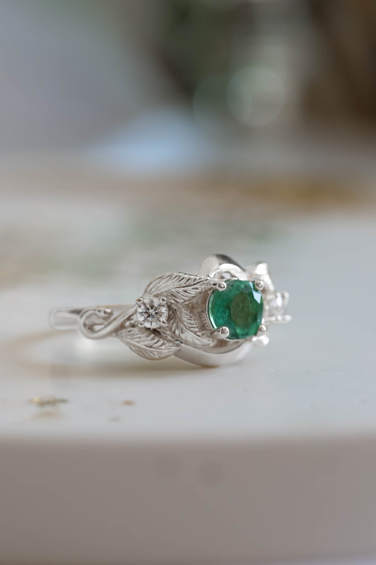 Emerald proposal ring, leaf twig ring with diamonds / Azalea - Eden Garden Jewelry™