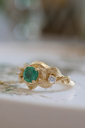 Emerald proposal ring, leaf twig ring with diamonds / Azalea - Eden Garden Jewelry™