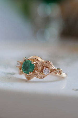 Emerald proposal ring, leaf twig ring with diamonds / Azalea - Eden Garden Jewelry™