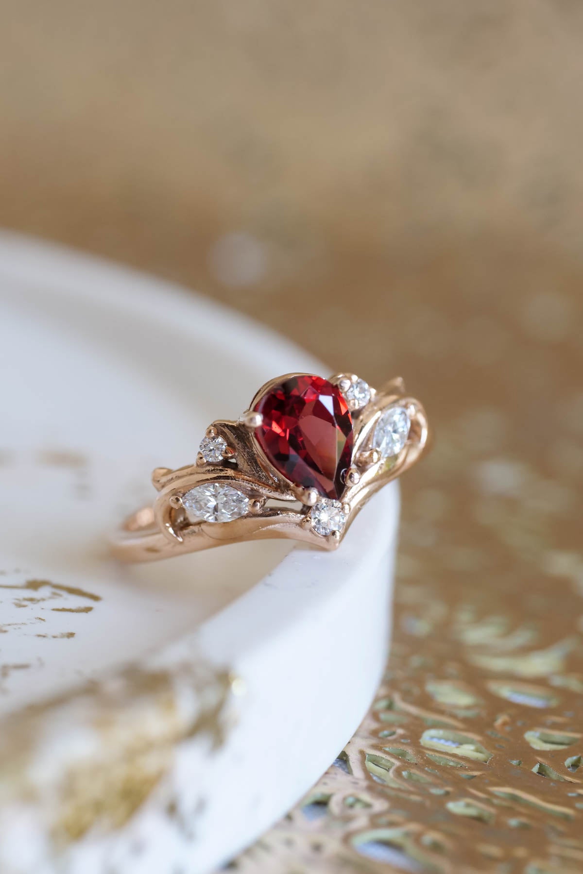 Pear shaped garnet engagement ring, alternative bridal ring set / Swanlake - Eden Garden Jewelry™