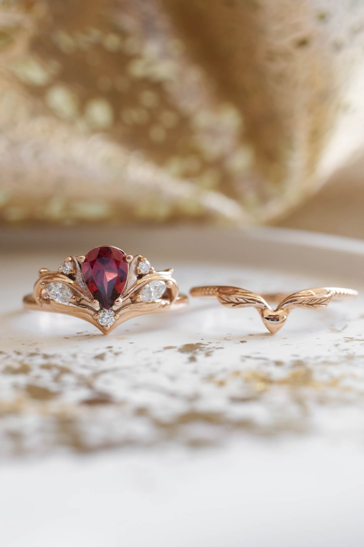 Pear shaped garnet engagement ring, alternative bridal ring set / Swanlake - Eden Garden Jewelry™