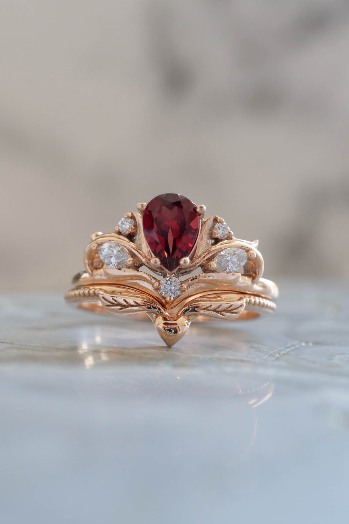 Diamond and garnet engagement ring, elvish proposal ring / Swanlake - Eden Garden Jewelry™