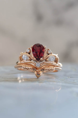 Pear shaped garnet engagement ring, alternative bridal ring set / Swanlake - Eden Garden Jewelry™