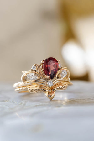 Pear shaped garnet engagement ring, alternative bridal ring set / Swanlake - Eden Garden Jewelry™