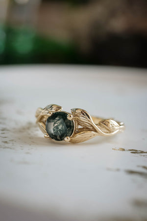 Round moss agate leaf engagement ring / Clematis - Eden Garden Jewelry™