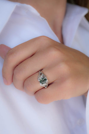 Natural moss agate engagement ring, tree branch ring / Viola - Eden Garden Jewelry™