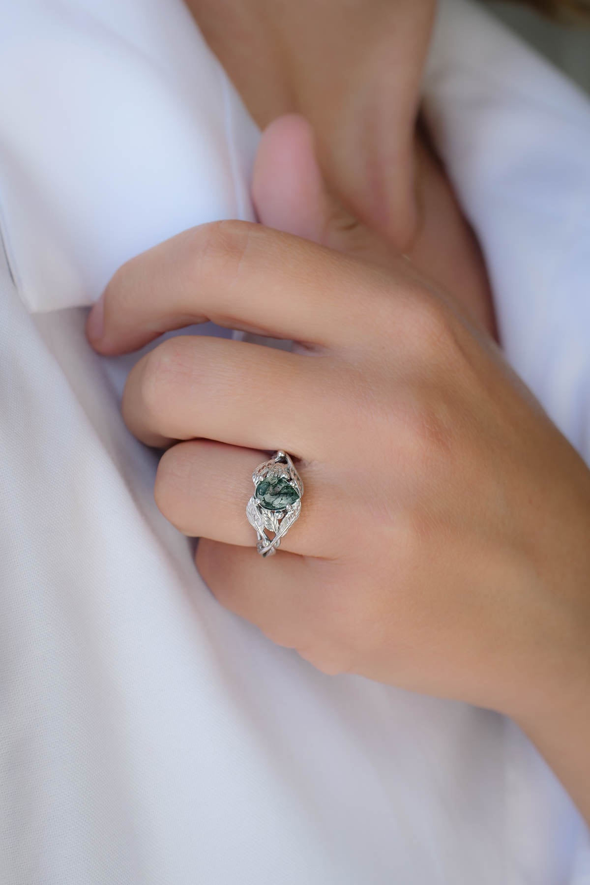 Natural moss agate engagement ring, tree branch ring / Viola - Eden Garden Jewelry™