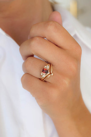 Pear shaped garnet engagement ring, alternative bridal ring set / Swanlake - Eden Garden Jewelry™