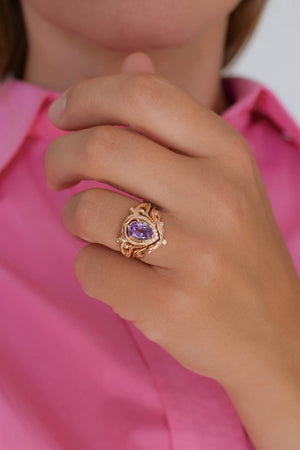 Ornate engagement ring set with amethyst, vintage inspired gold rings / Lida - Eden Garden Jewelry™