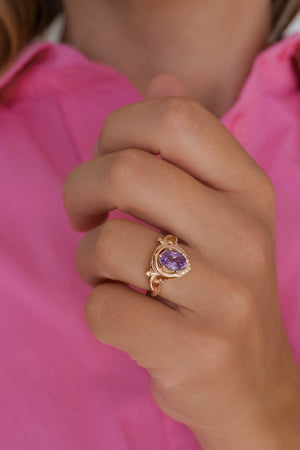 Diamond engagement ring with amethyst, unique promise ring / Lida - Eden Garden Jewelry™