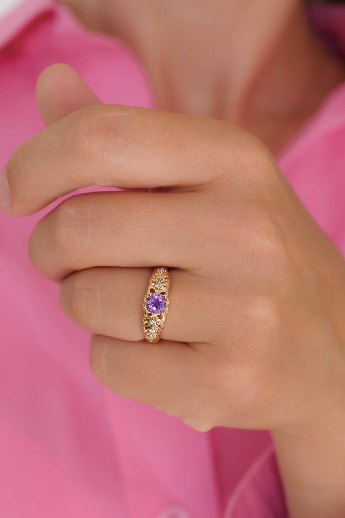 Amethyst leaf engagement ring with diamonds / Silvestra - Eden Garden Jewelry™