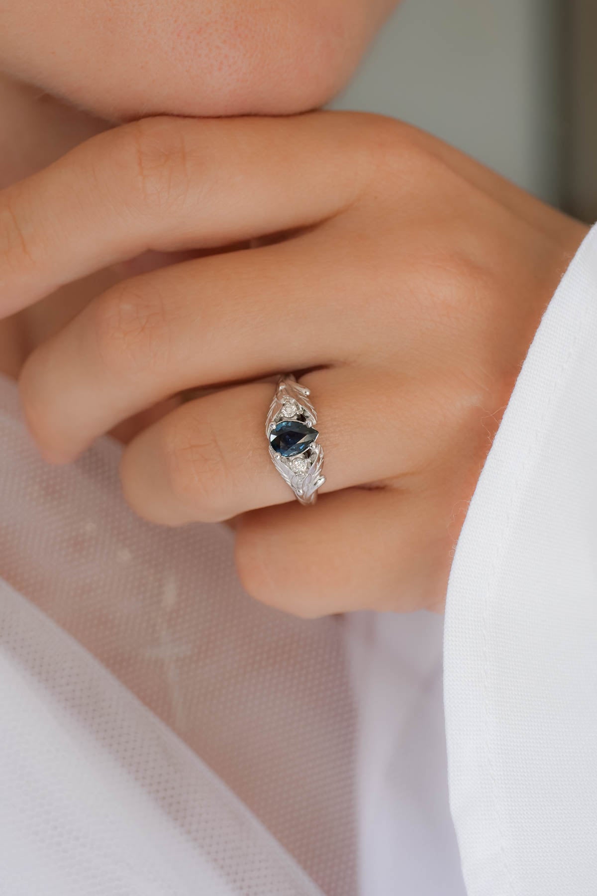 Royal blue sapphire engagement ring, unique leaf ring with diamonds / Wisteria - Eden Garden Jewelry™