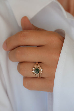 Moss agate gold ring set, diamond engagement ring set / Ariadne - Eden Garden Jewelry™