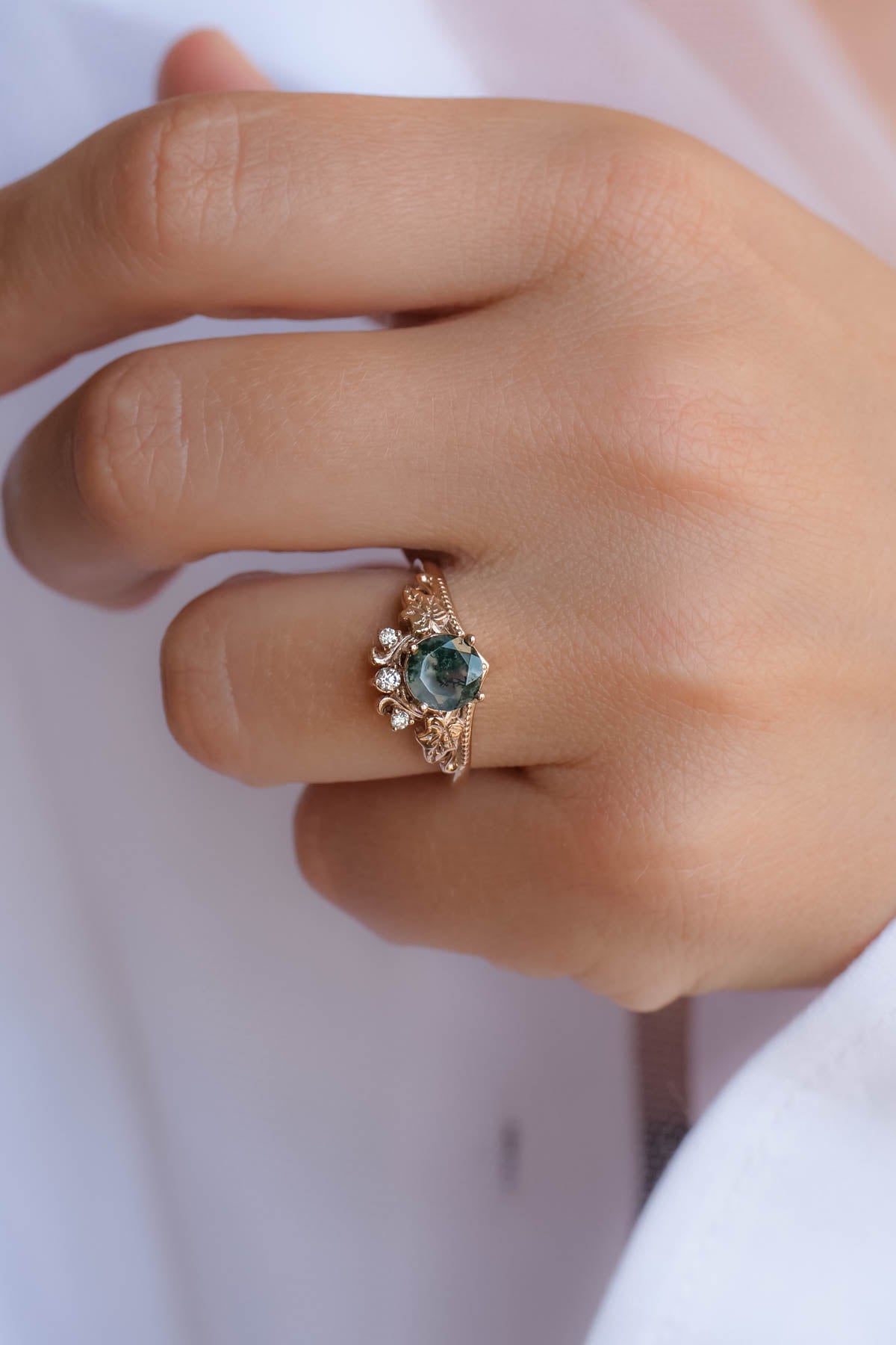 Moss agate gold ring set, diamond engagement ring set / Ariadne - Eden Garden Jewelry™