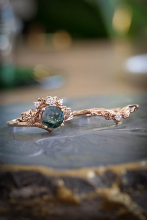 Moss agate gold ring set, diamond engagement ring set / Ariadne - Eden Garden Jewelry™