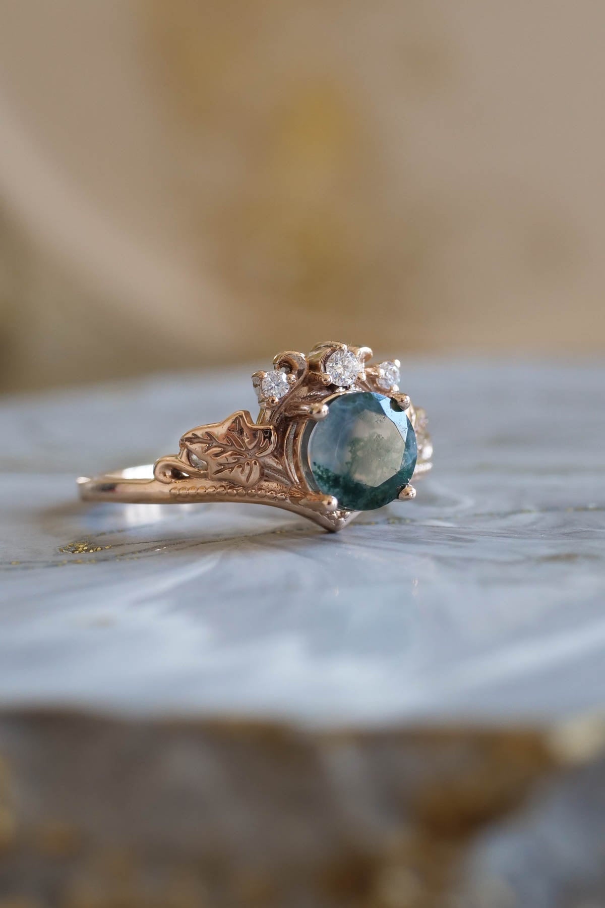 Moss agate gold ring set, diamond engagement ring set / Ariadne - Eden Garden Jewelry™