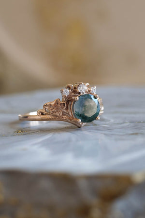 Moss agate gold ring set, diamond engagement ring set / Ariadne - Eden Garden Jewelry™