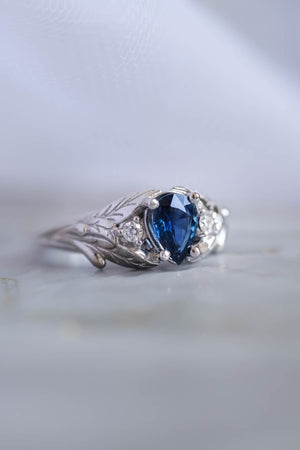 Royal blue sapphire engagement ring, unique leaf ring with diamonds / Wisteria - Eden Garden Jewelry™