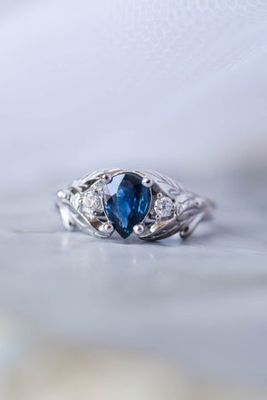 Royal blue sapphire engagement ring, unique leaf ring with diamonds / Wisteria - Eden Garden Jewelry™