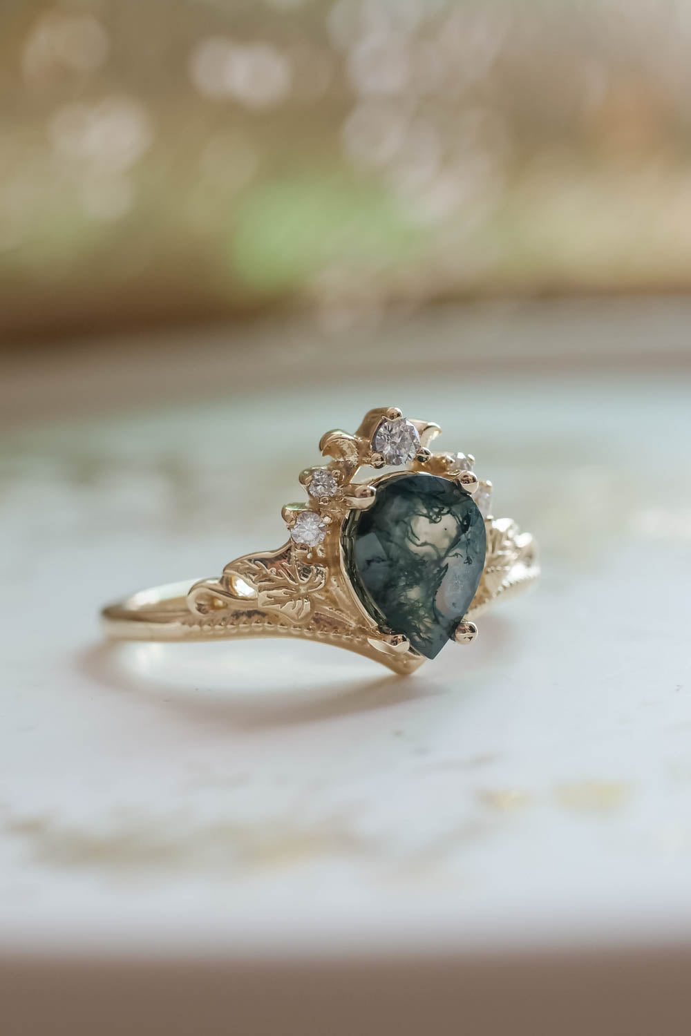 Moss agate proposal ring, non-trivial green stone engagement ring / Ariadne - Eden Garden Jewelry™