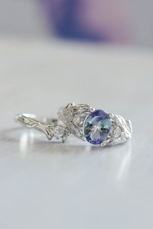 Tanzanite bridal ring set, gold leaf rings with diamonds / Wisteria - Eden Garden Jewelry™