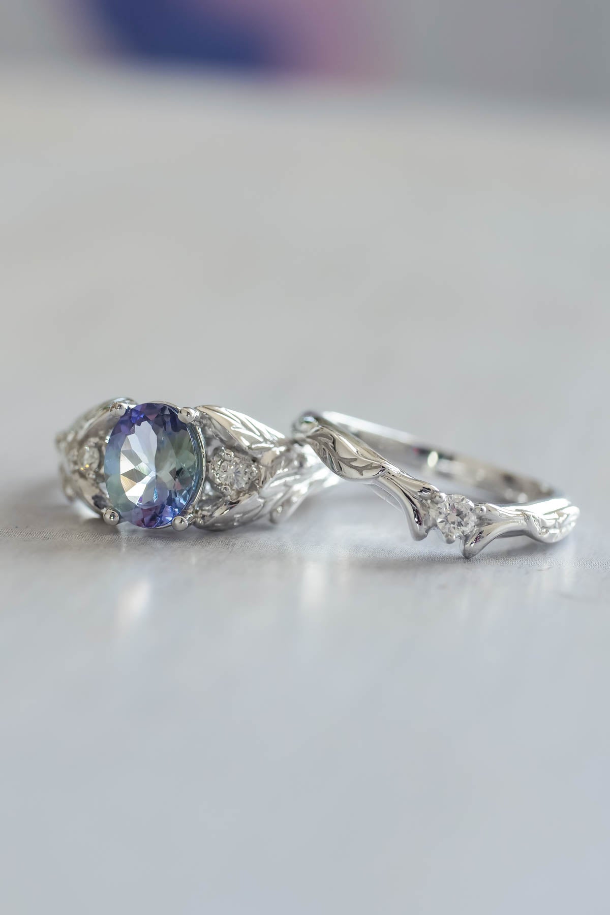 Bi color tanzanite engagement ring, alternative diamond proposal ring / Wisteria - Eden Garden Jewelry™