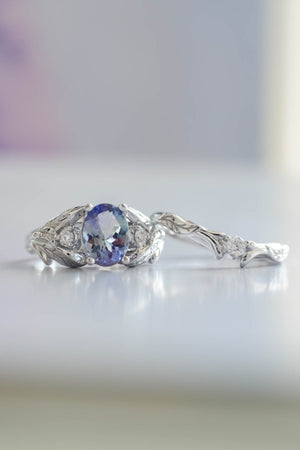 Tanzanite bridal ring set, gold leaf rings with diamonds / Wisteria - Eden Garden Jewelry™