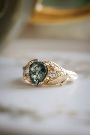 Green moss agate engagement ring, promise leaf ring with diamonds / Wisteria - Eden Garden Jewelry™