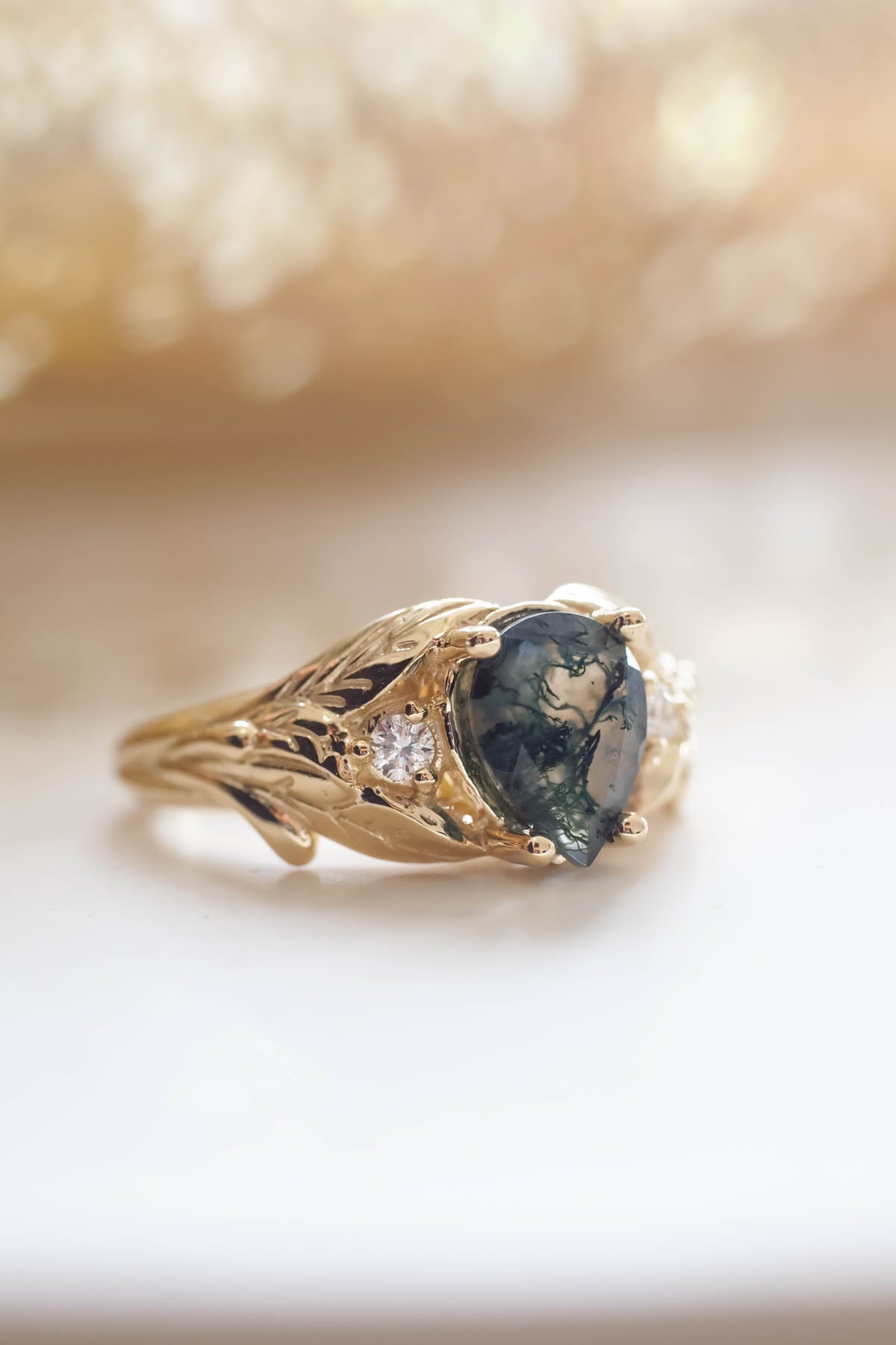 Green moss agate engagement ring, promise leaf ring with diamonds / Wisteria - Eden Garden Jewelry™