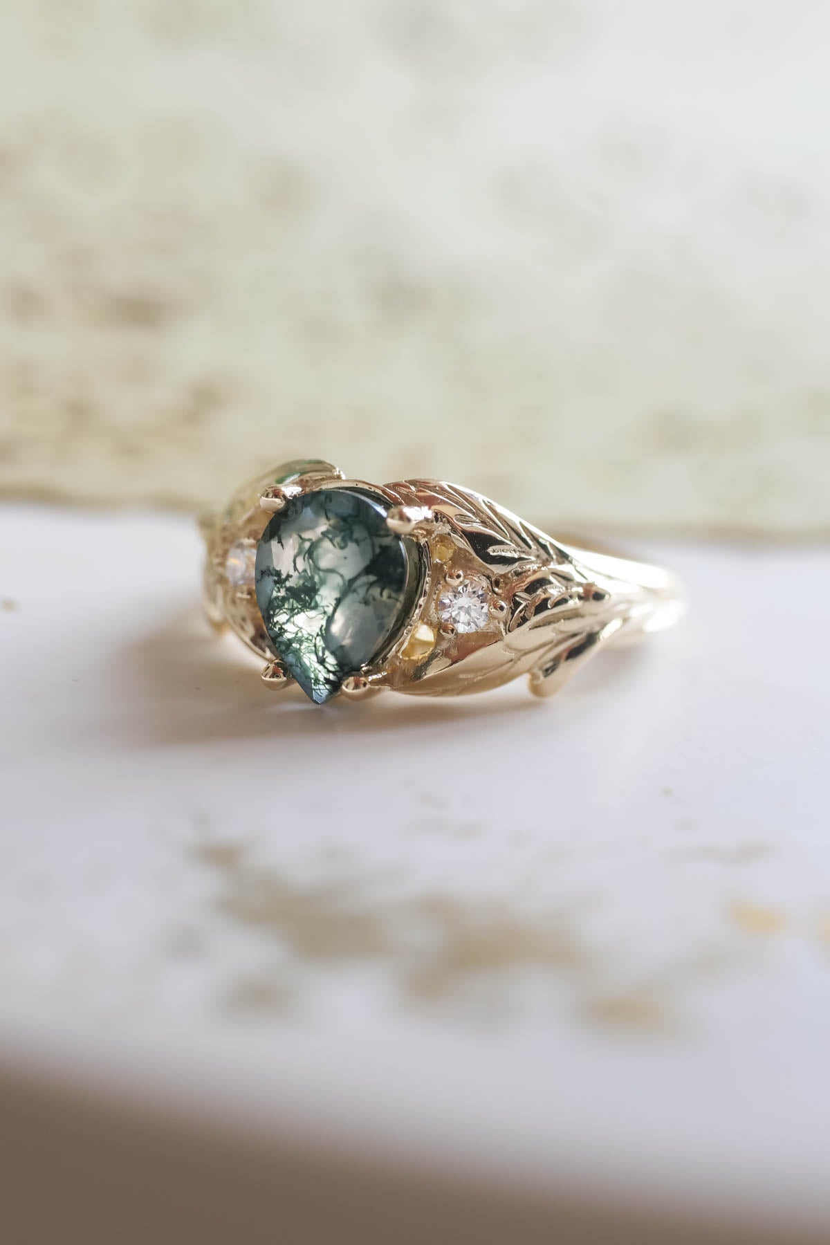 Green moss agate engagement ring, promise leaf ring with diamonds / Wisteria - Eden Garden Jewelry™