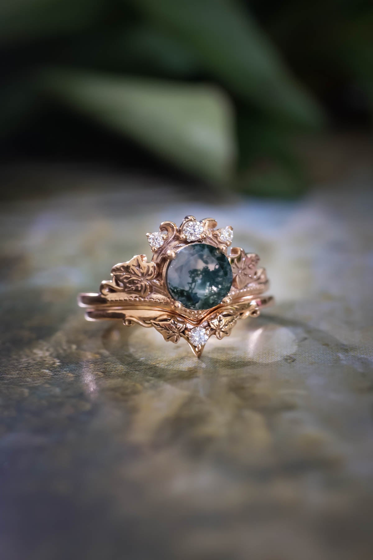 Moss agate gold ring set, diamond engagement ring set / Ariadne - Eden Garden Jewelry™