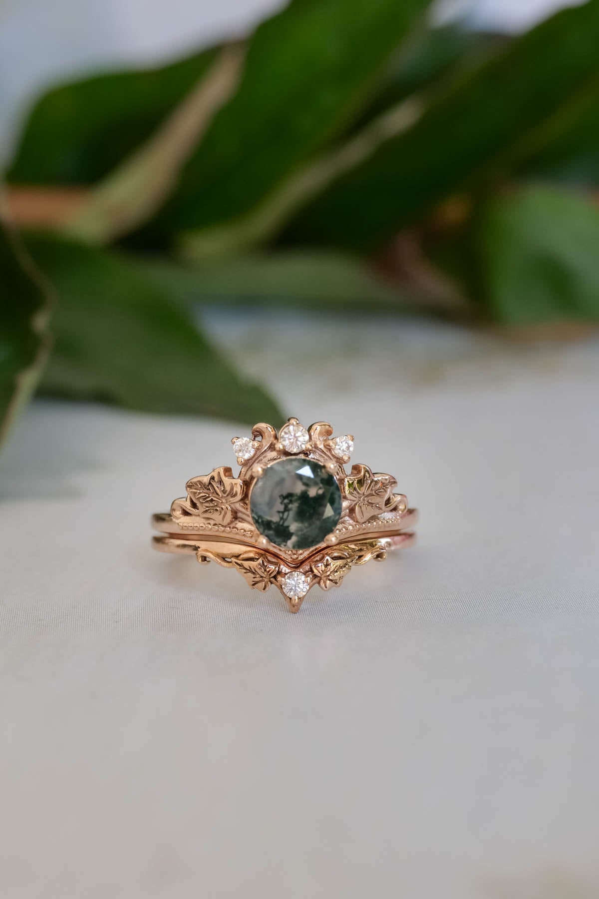 Moss agate gold ring set, diamond engagement ring set / Ariadne - Eden Garden Jewelry™