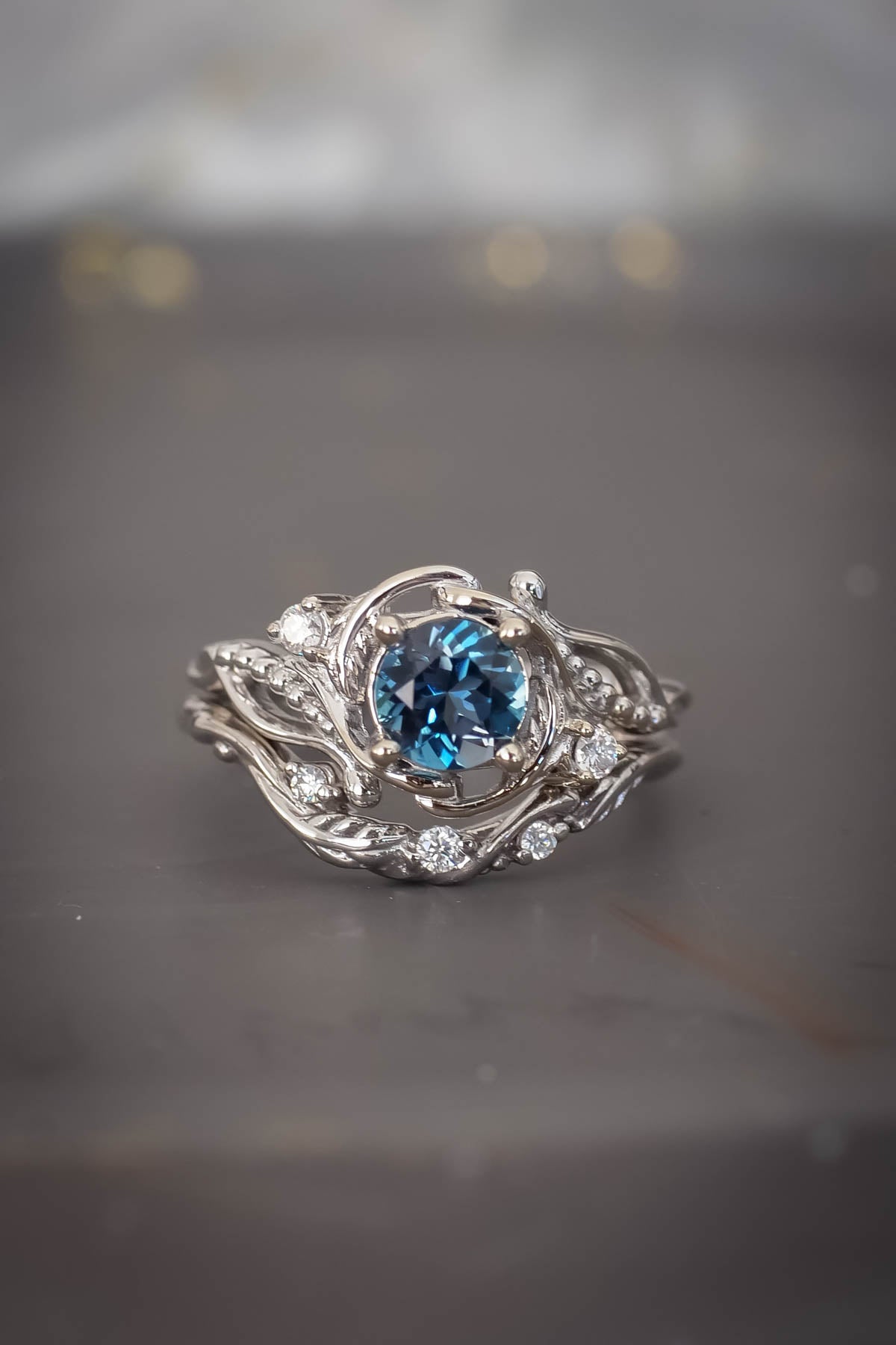 London blue topaz engagement ring set, gold bridal ring set / Undina - Eden Garden Jewelry™