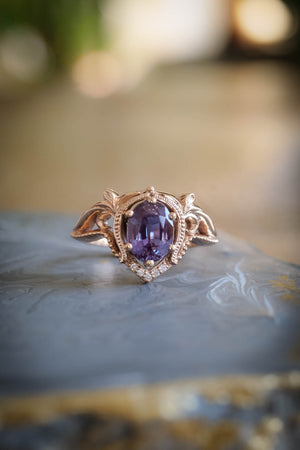 Colour changing alexandrite bridal ring set, ornate engagement ring set / Lida - Eden Garden Jewelry™