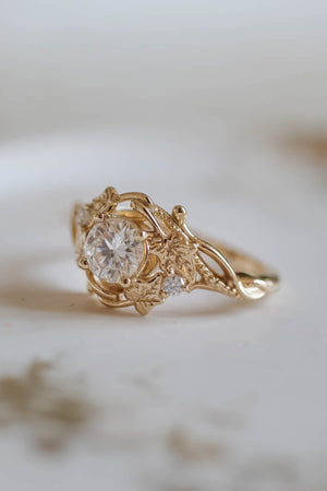 Moissanite engagement ring, gold leaves ring / Ivy Undina - Eden Garden Jewelry™