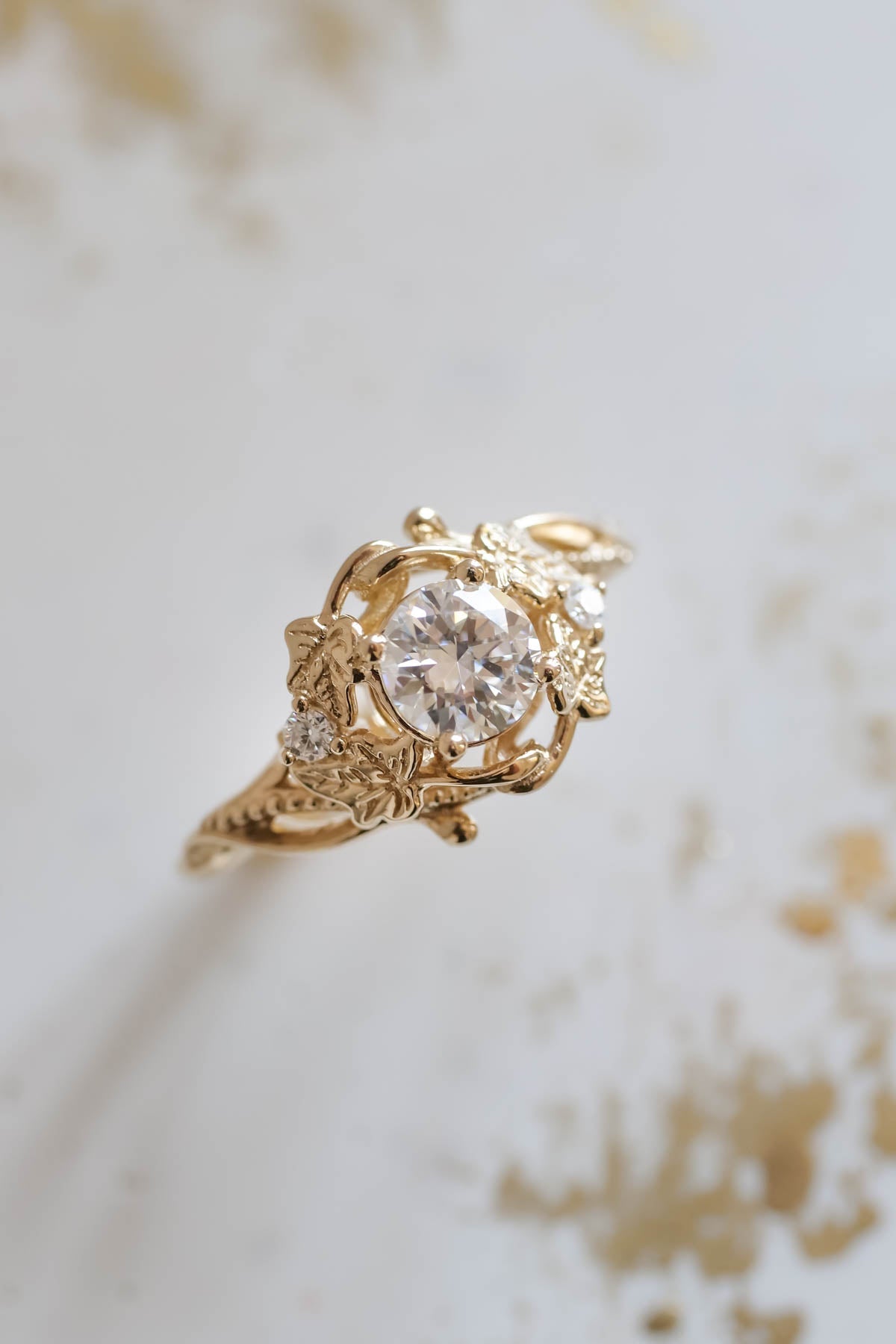 Moissanite engagement ring, gold leaves ring / Ivy Undina - Eden Garden Jewelry™