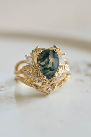 One of a kind moss agate engagement ring, unique gold proposal ring with diamonds / Adonis - Eden Garden Jewelry™