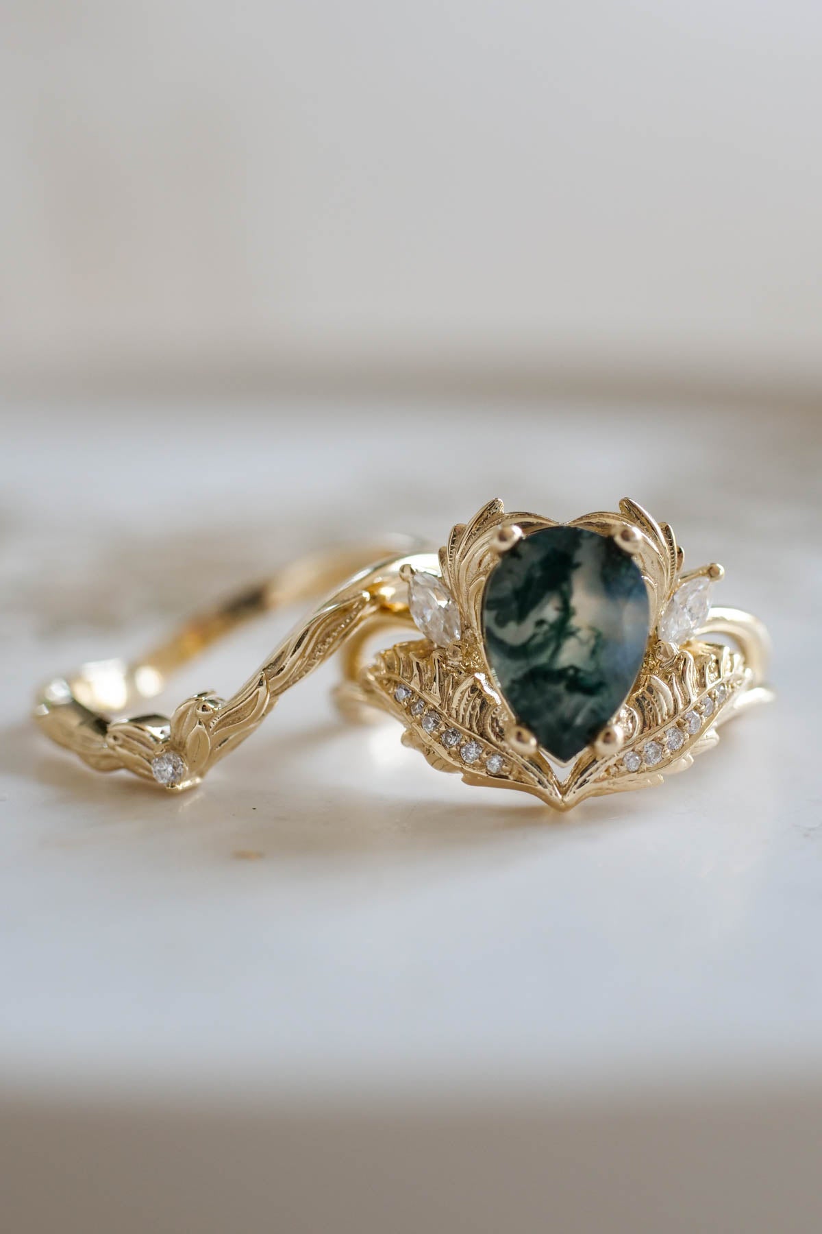 Pear shaped moss agate engagement ring set, nature themed gold rings / Adonis - Eden Garden Jewelry™