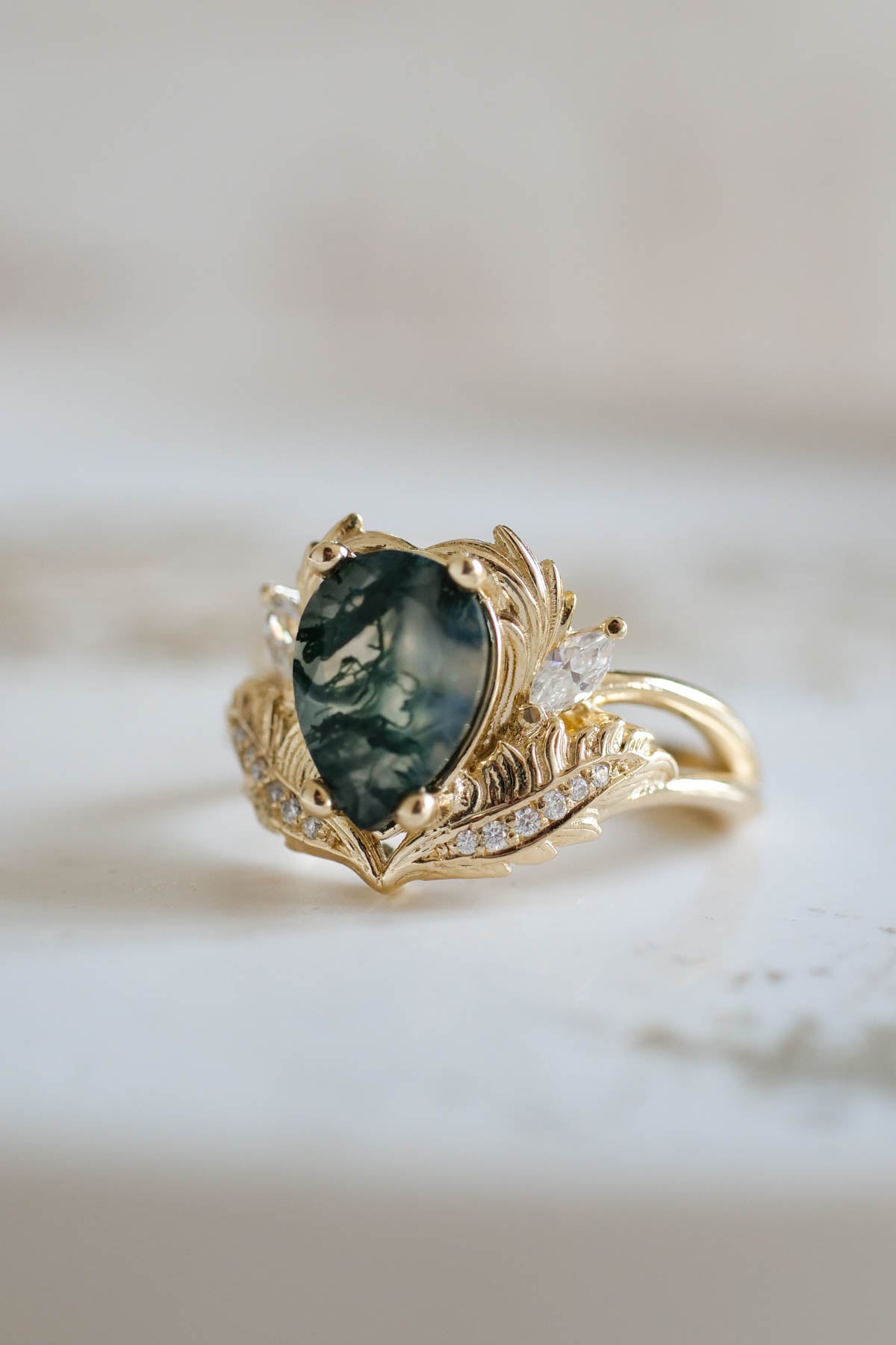 Pear shaped moss agate engagement ring set, nature themed gold rings / Adonis - Eden Garden Jewelry™